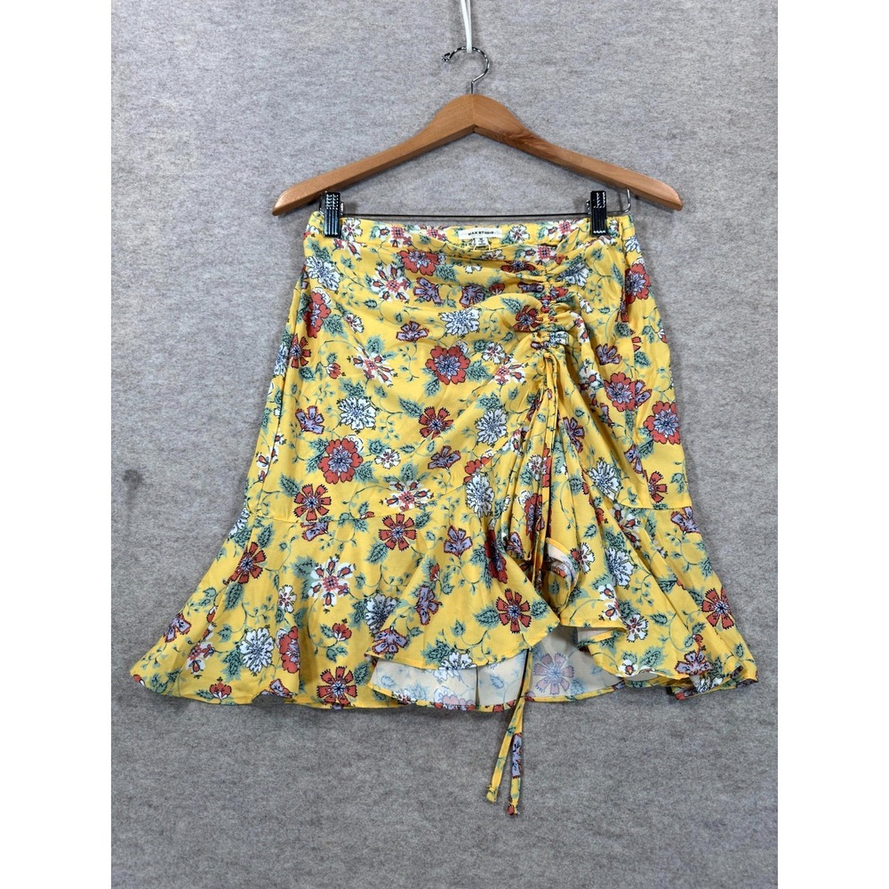 Max Studio Mini Skirt Womens Medium Yellow Floral Cinched Ruffle 2701D14